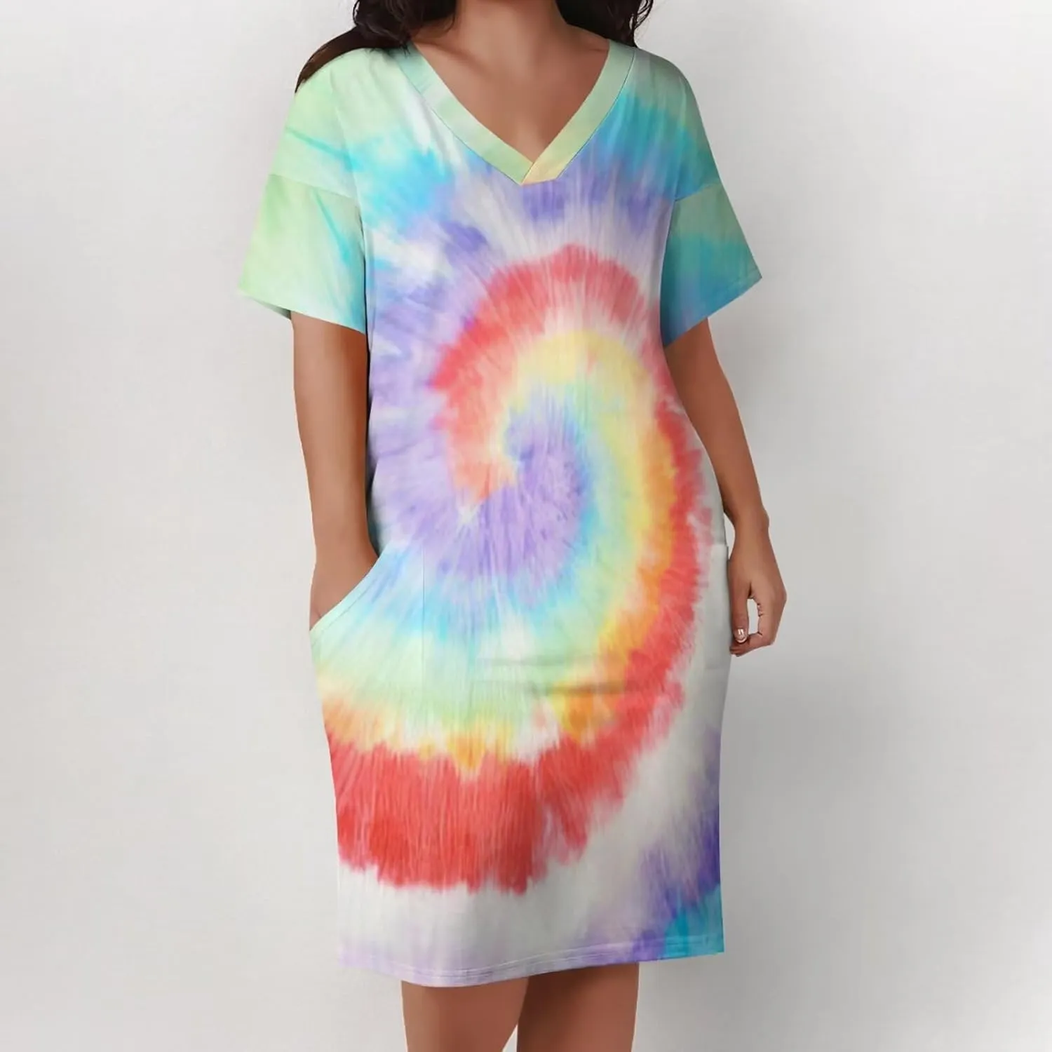 Women's Plus Size Dress Summer Curvy Casual Tie-Dye Short Sleeve V-Neck T Shirt Loose Midi Dresses