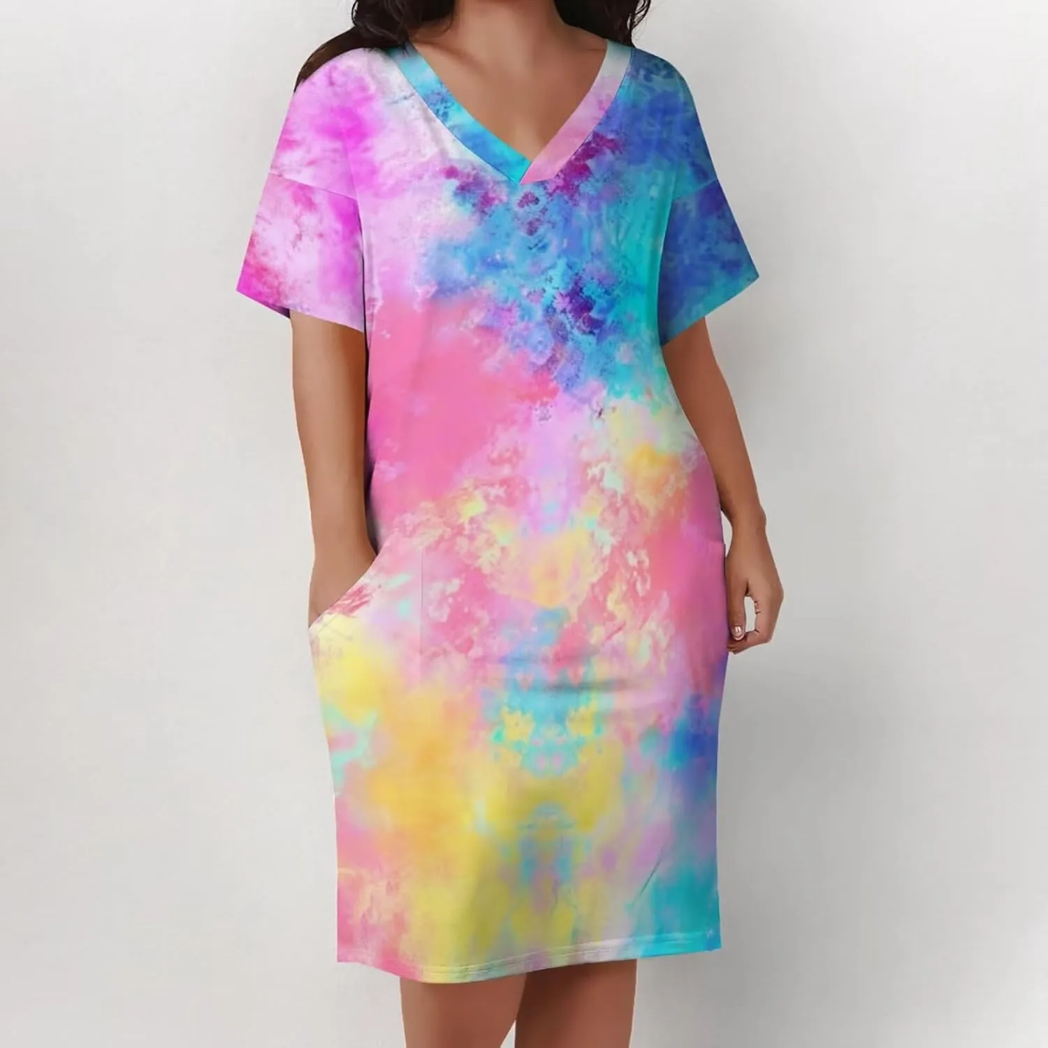 Women's Plus Size Dress Summer Curvy Casual Tie-Dye Short Sleeve V-Neck T Shirt Loose Midi Dresses