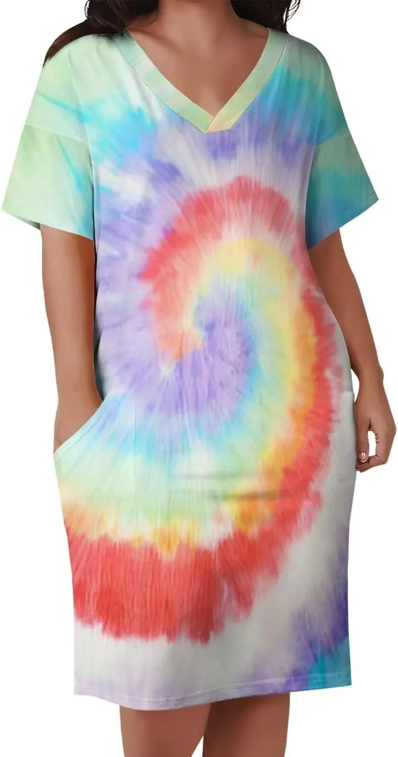 Women's Plus Size Dress Summer Curvy Casual Tie-Dye Short Sleeve V-Neck T Shirt Loose Midi Dresses