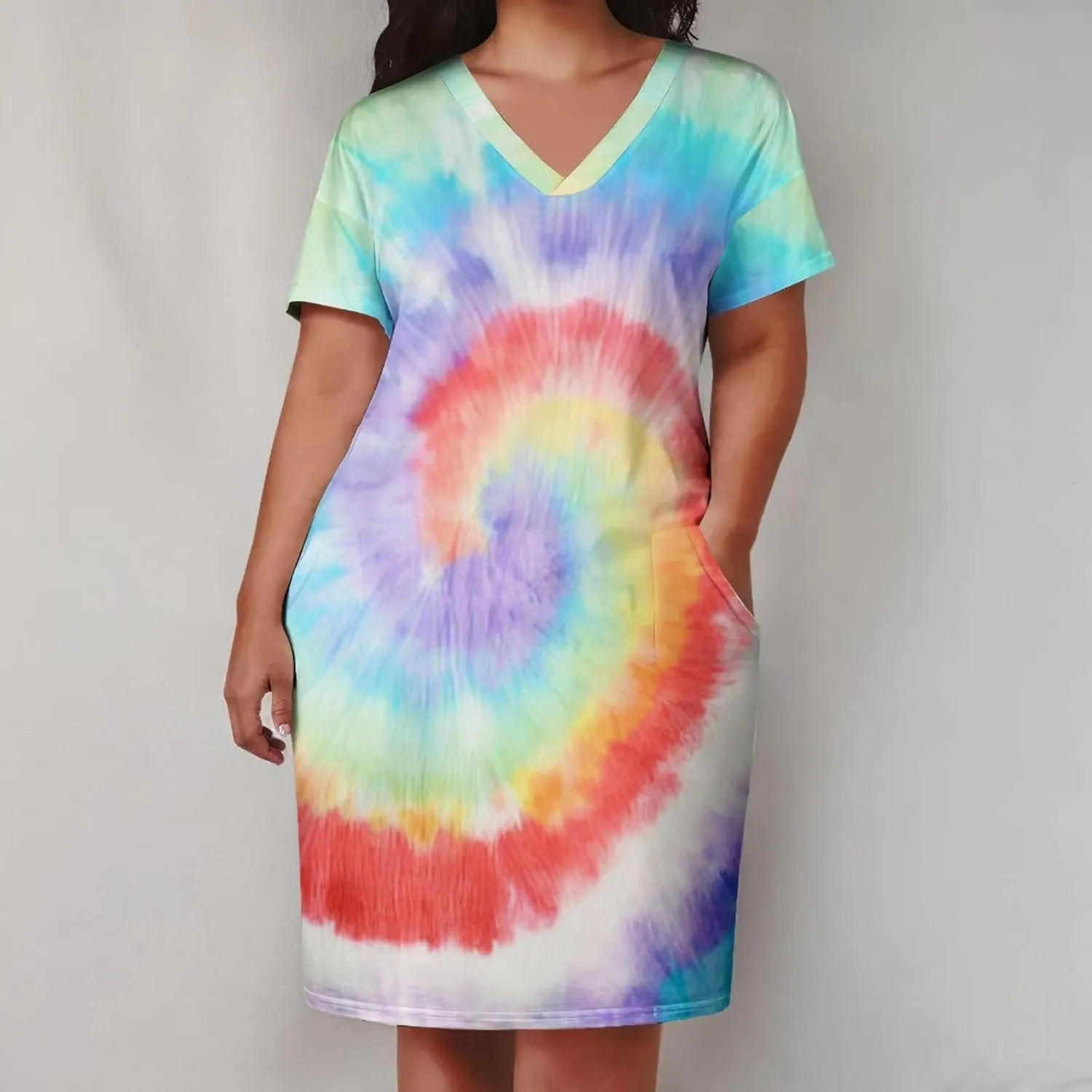 Women's Plus Size Dress Summer Curvy Casual Tie-Dye Short Sleeve V-Neck T Shirt Loose Midi Dresses