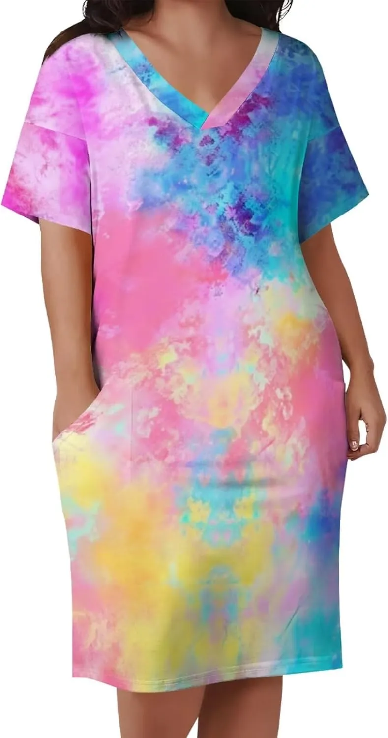 Women's Plus Size Dress Summer Curvy Casual Tie-Dye Short Sleeve V-Neck T Shirt Loose Midi Dresses