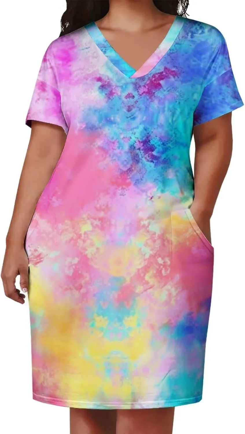 Women's Plus Size Dress Summer Curvy Casual Tie-Dye Short Sleeve V-Neck T Shirt Loose Midi Dresses