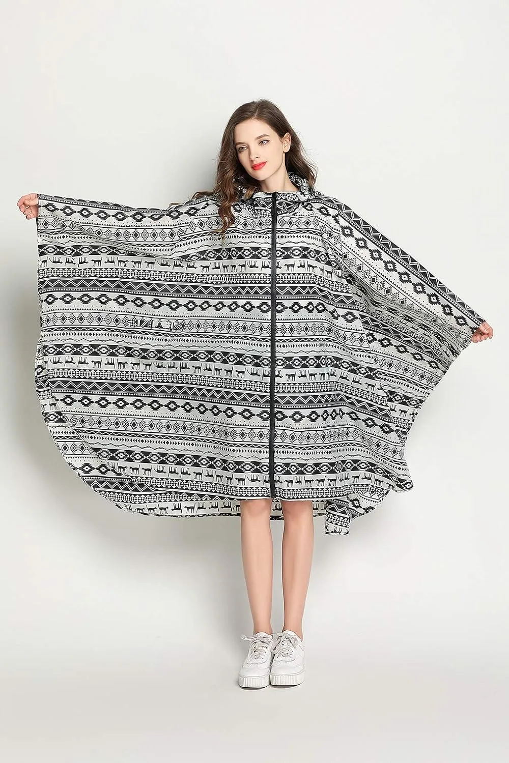 Womens Rain Poncho Stylish Polyester Waterproof Raincoat Free Size with Hood Zipper