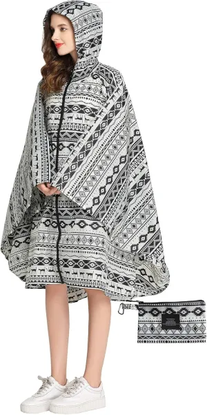 Womens Rain Poncho Stylish Polyester Waterproof Raincoat Free Size with Hood Zipper