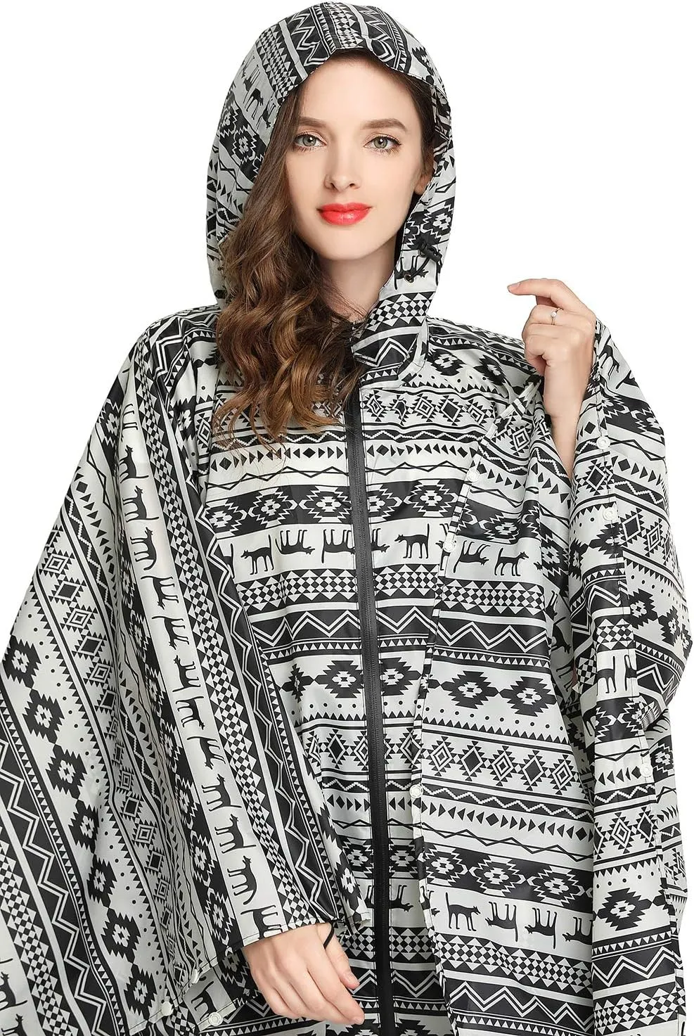 Womens Rain Poncho Stylish Polyester Waterproof Raincoat Free Size with Hood Zipper