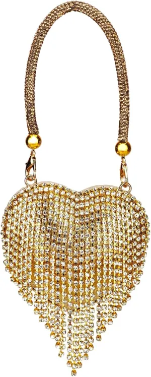 Women's Rhinestone Fringe Heart Shaped Handbag Evening Mini Clutch Purses with Chain Strap