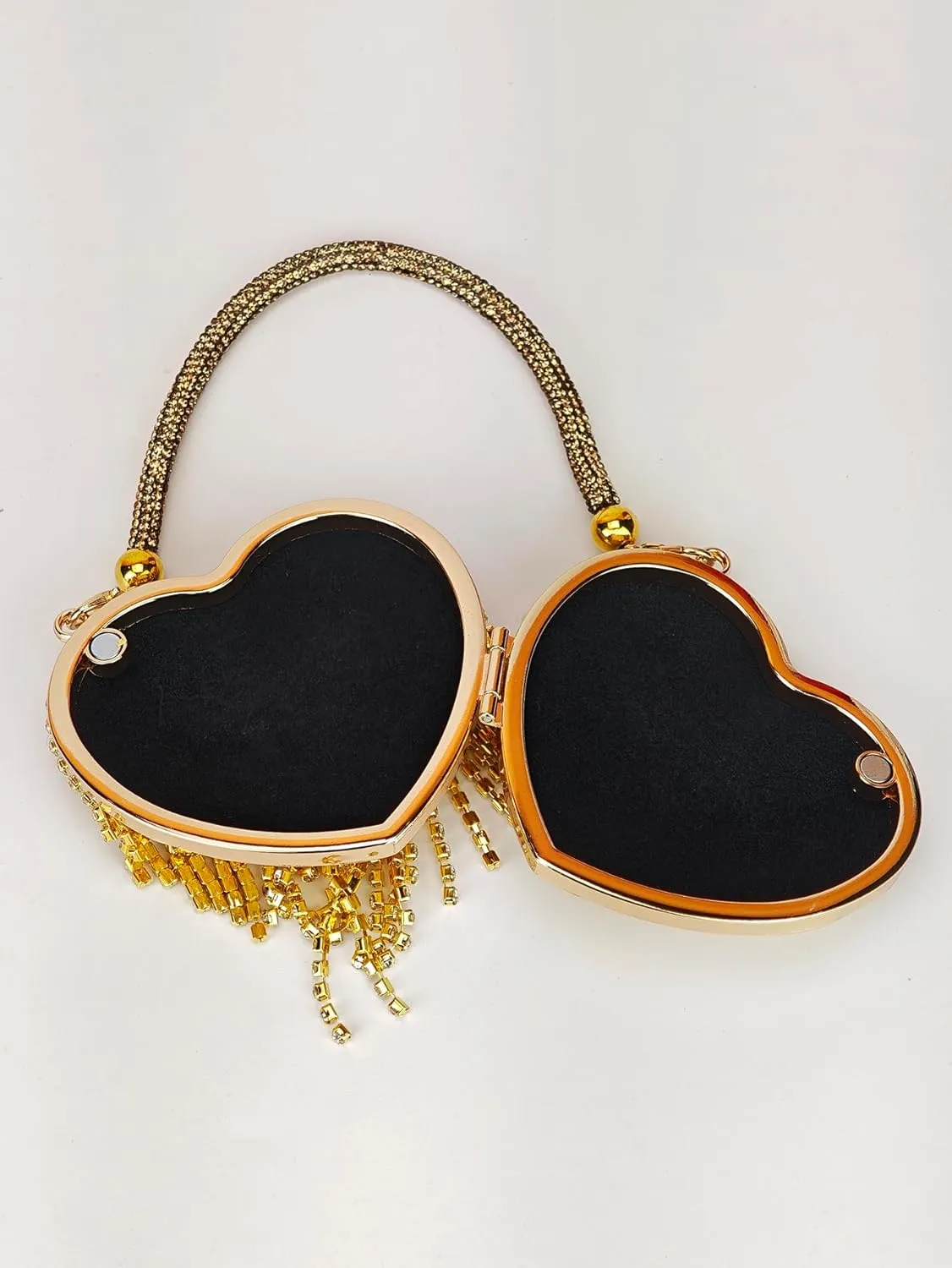 Women's Rhinestone Fringe Heart Shaped Handbag Evening Mini Clutch Purses with Chain Strap