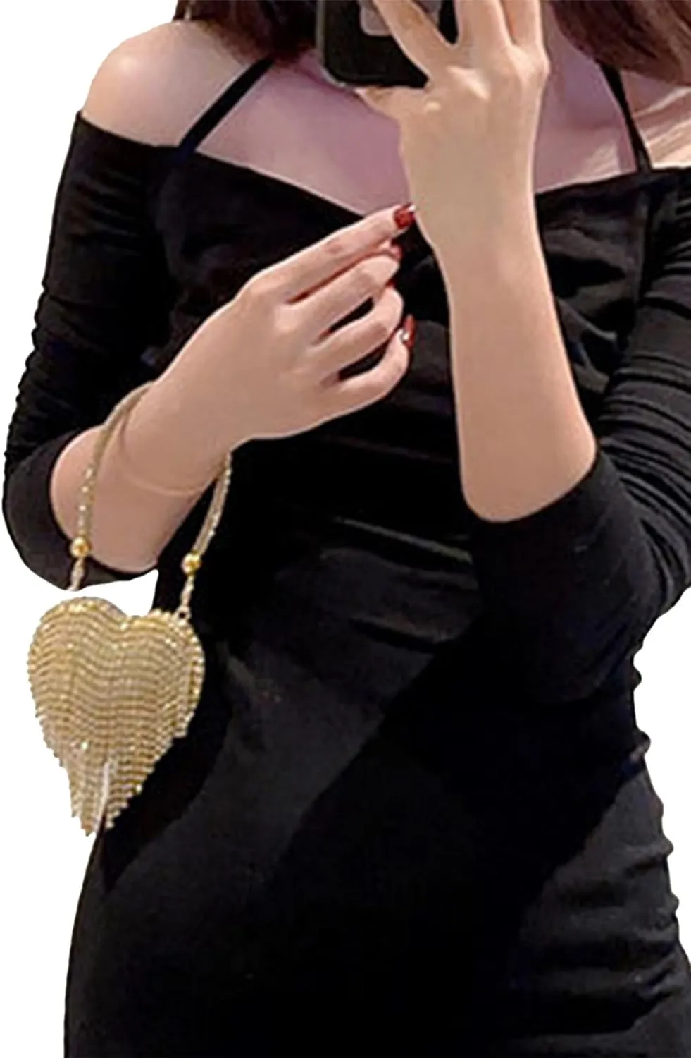 Women's Rhinestone Fringe Heart Shaped Handbag Evening Mini Clutch Purses with Chain Strap