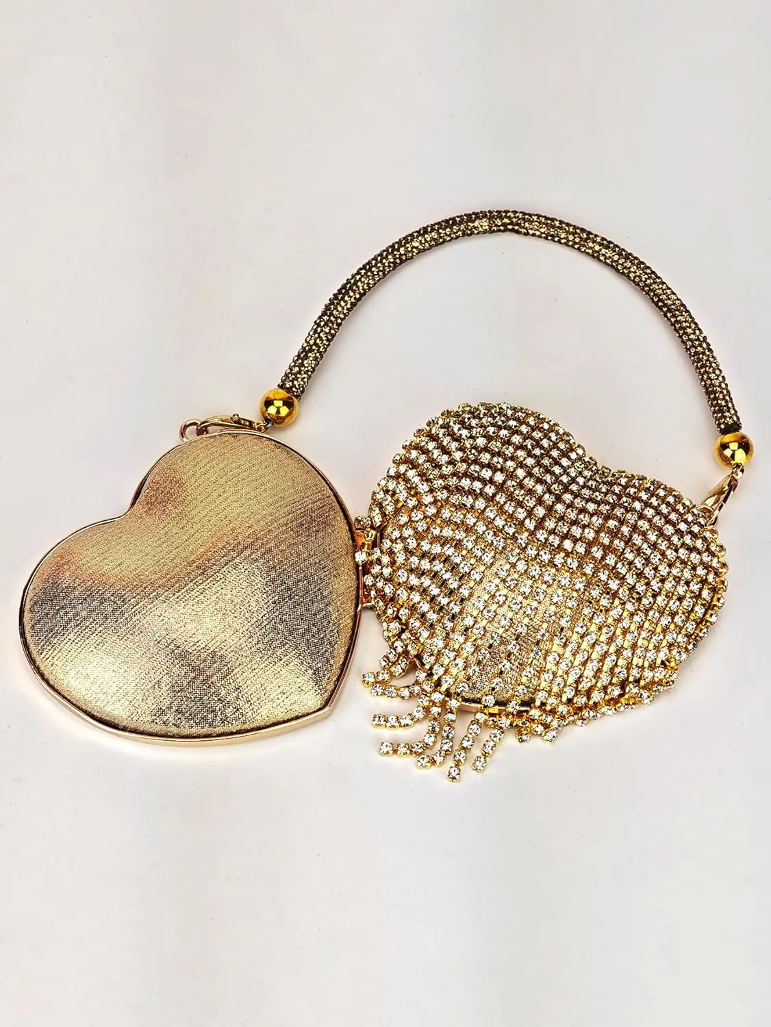 Women's Rhinestone Fringe Heart Shaped Handbag Evening Mini Clutch Purses with Chain Strap
