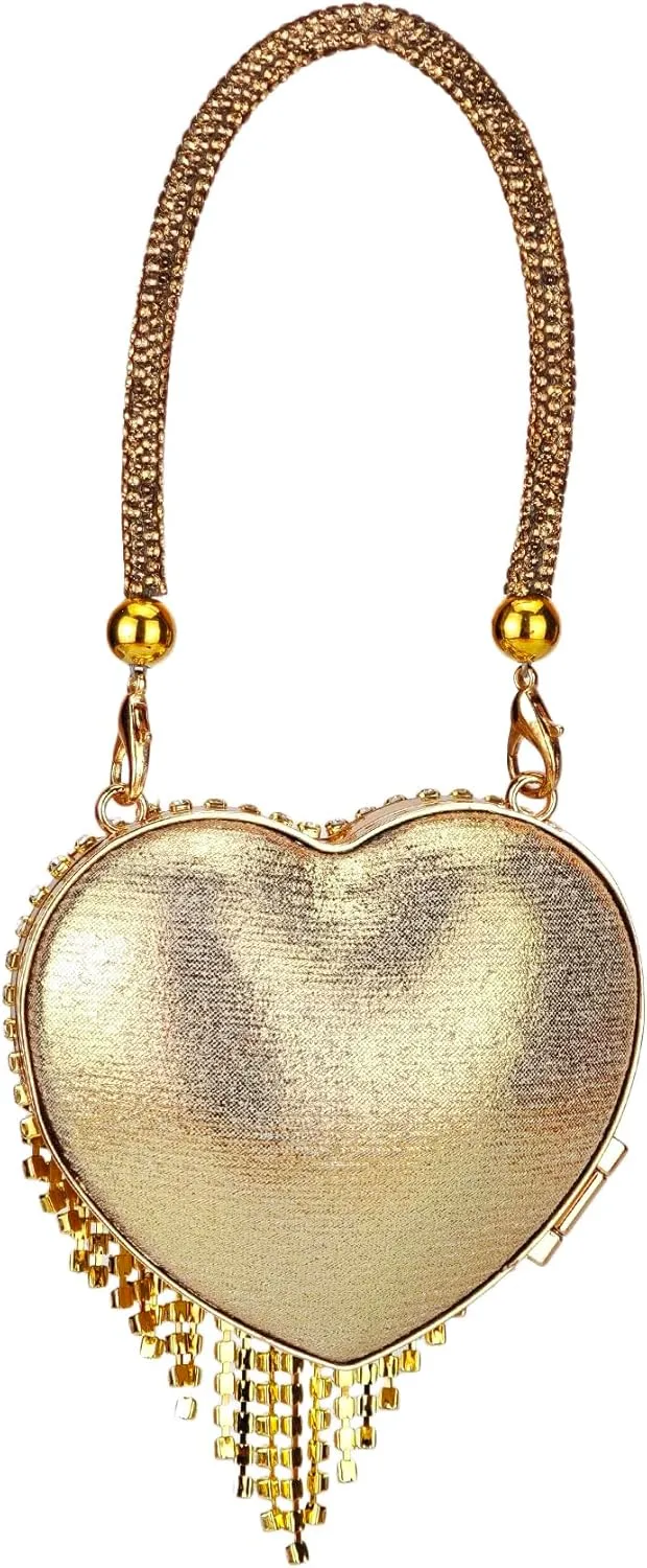 Women's Rhinestone Fringe Heart Shaped Handbag Evening Mini Clutch Purses with Chain Strap