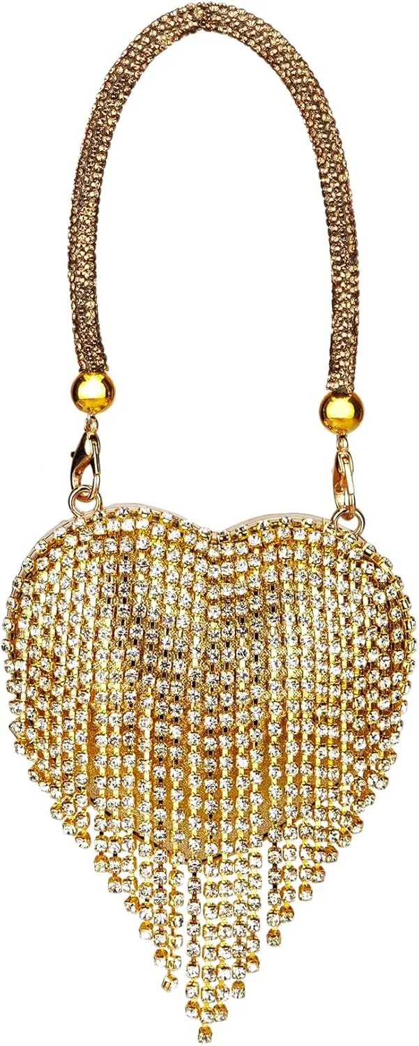 Women's Rhinestone Fringe Heart Shaped Handbag Evening Mini Clutch Purses with Chain Strap