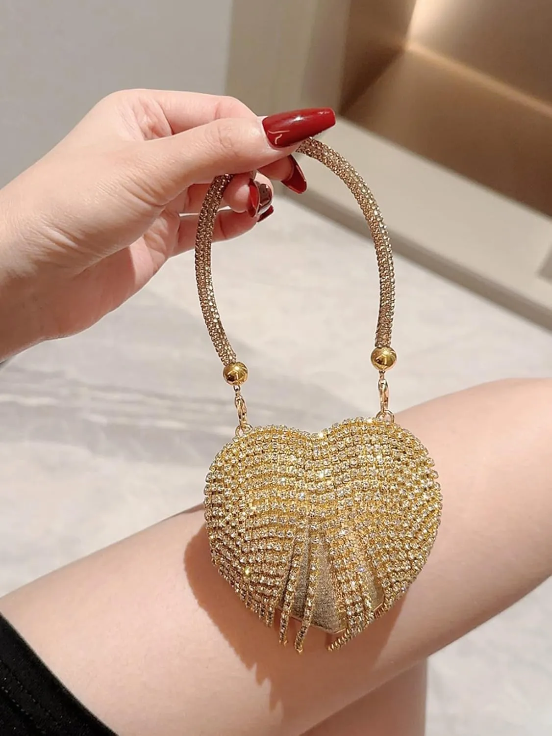 Women's Rhinestone Fringe Heart Shaped Handbag Evening Mini Clutch Purses with Chain Strap