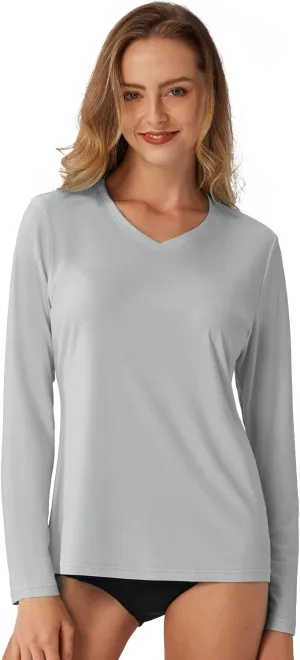 Women's Standard V-Neck UPF 50  Long Sleeve Swim Rash Guard Shirt