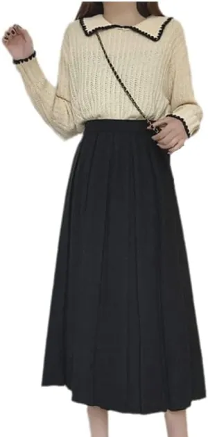 Women's Stylish Pleated Midi Skirt High Waist A-Line Solid Skirt