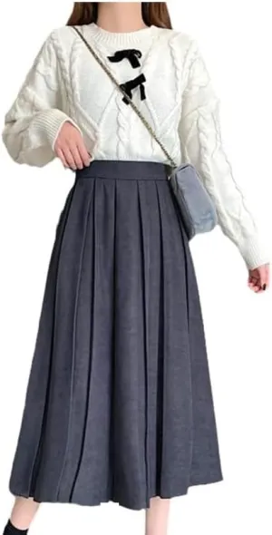 Women's Stylish Pleated Midi Skirt High Waist A-Line Solid Skirt