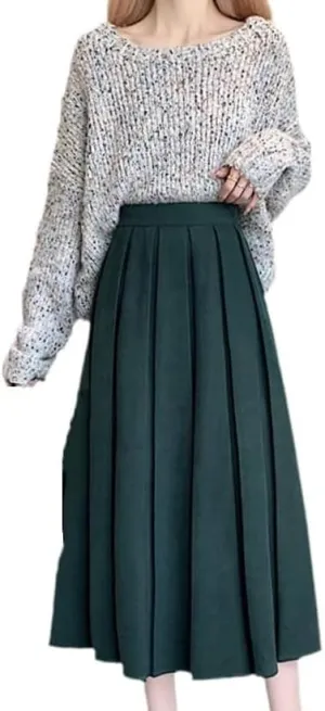 Women's Stylish Pleated Midi Skirt High Waist A-Line Solid Skirt