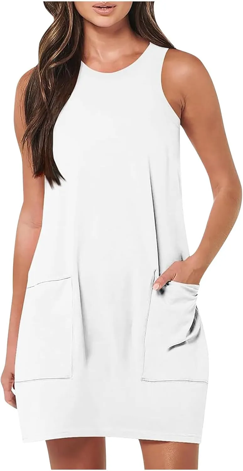 Womens Summer Bodycon Sundress with Pockets Slim Fit Mini Solid Tank Sleeveless Crewneck Casual Dress Sexy Dress