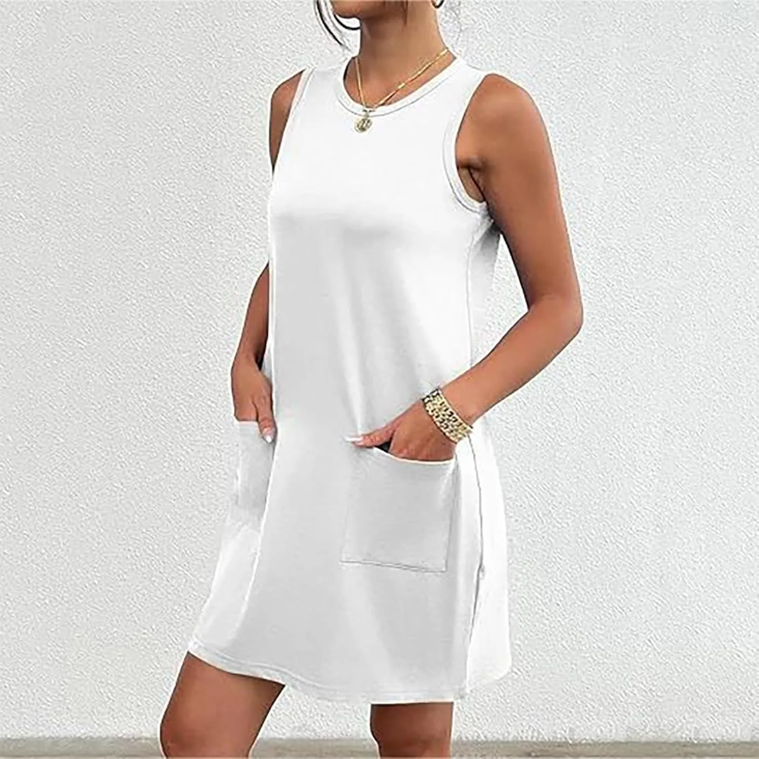 Womens Summer Bodycon Sundress with Pockets Slim Fit Mini Solid Tank Sleeveless Crewneck Casual Dress Sexy Dress