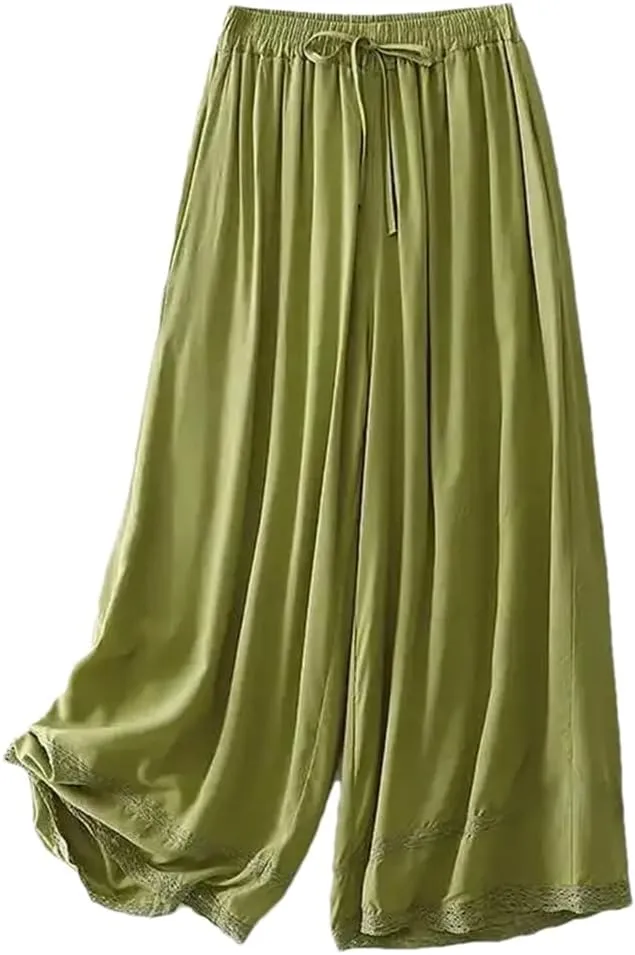 Women's Summer Cotton Linen Straight-Leg Pants Artistic Vintage Casual Loose-Fit Slim Skort