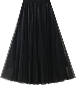 Women's Tulle Skirt Layered Pleated Mesh High Elastic Waist Skirt Flowy A-line Midi Skirt Prom Party Skirt