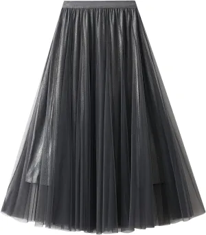 Women's Tulle Skirt Layered Pleated Mesh High Elastic Waist Skirt Flowy A-line Midi Skirt Prom Party Skirt