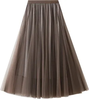 Women's Tulle Skirt Layered Pleated Mesh High Elastic Waist Skirt Flowy A-line Midi Skirt Prom Party Skirt