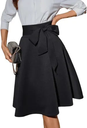Women's Vintage A-Line Flared Pleated Midi Skirt with Bow Belt