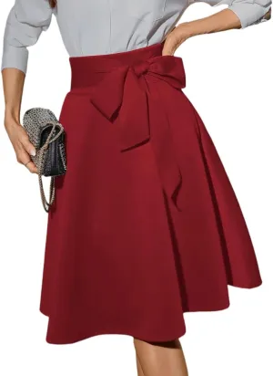 Women's Vintage A-Line Flared Pleated Midi Skirt with Bow Belt