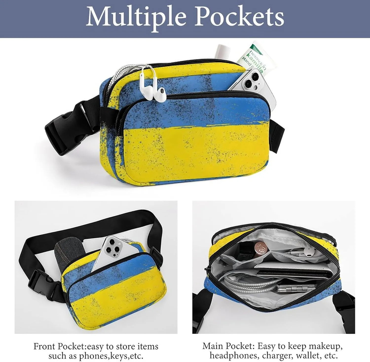 Womens Water-Resistant Waist Pack Compatible with Abstract Artistic Ukrainian Flag - Running/Travel Belt Bag with Adjustable Strap