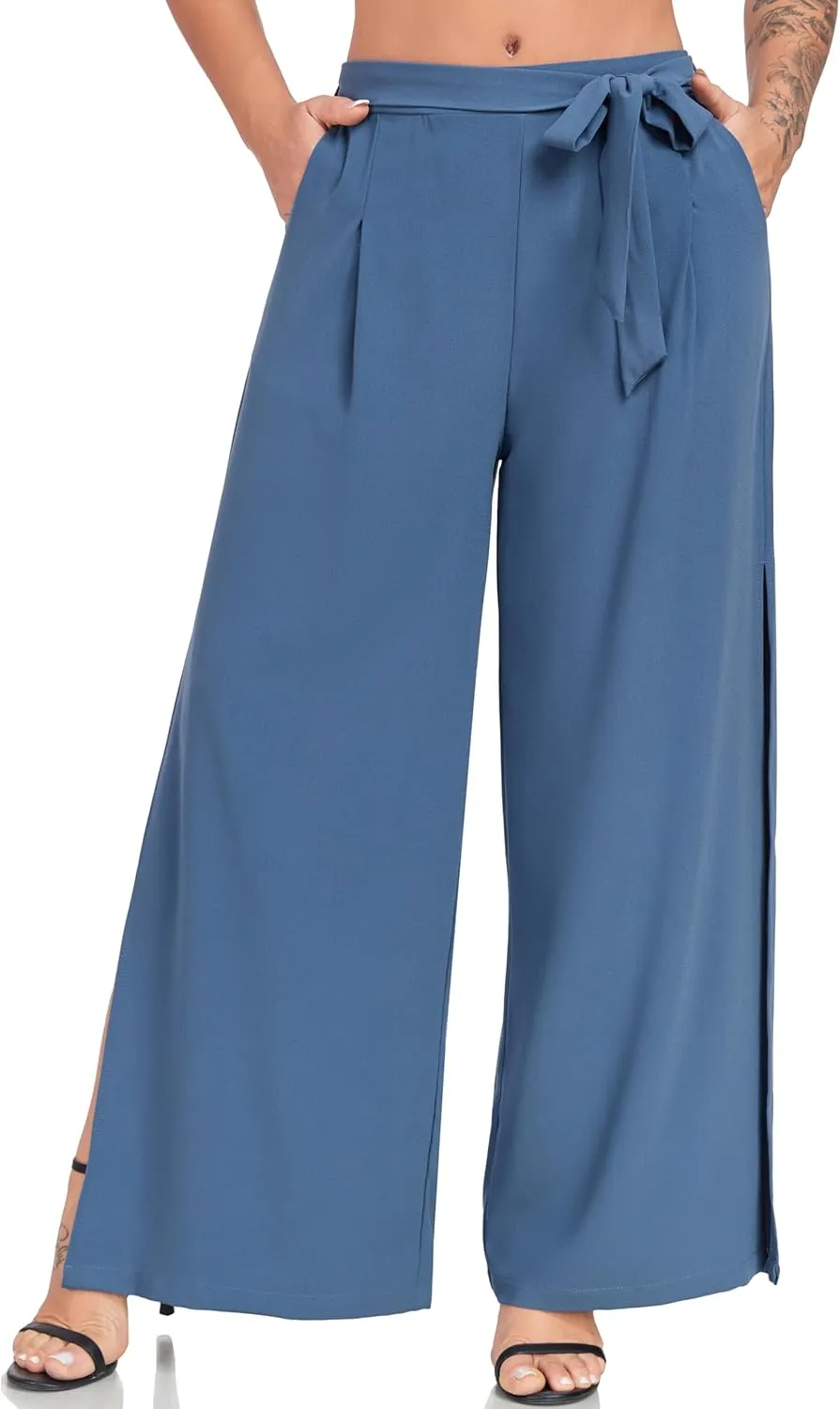 Women's Wide Leg Pants High Waist Tie Knot Front with Pockets Flowy Casual Palazzo Trousers