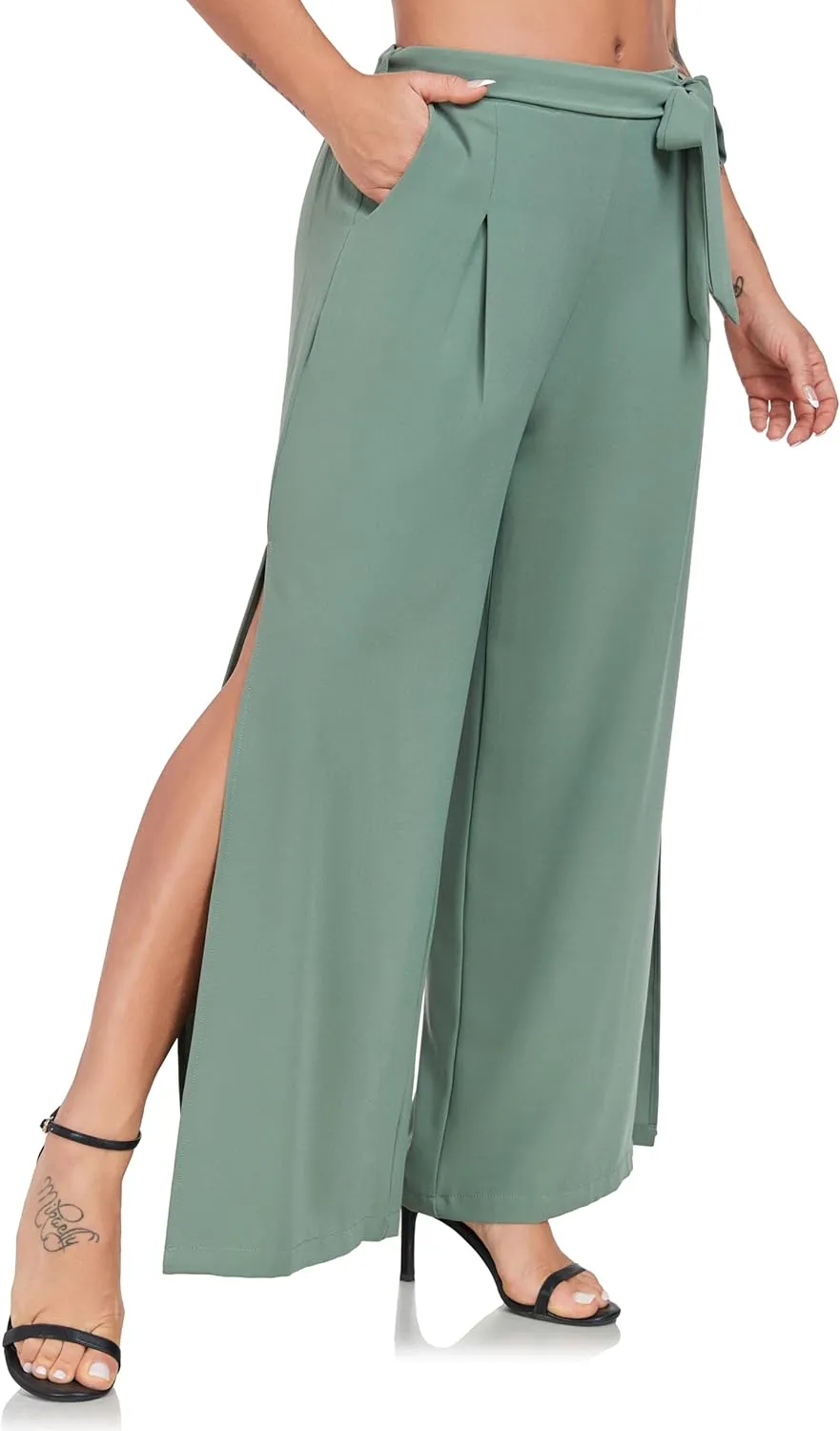 Women's Wide Leg Pants High Waist Tie Knot Front with Pockets Flowy Casual Palazzo Trousers