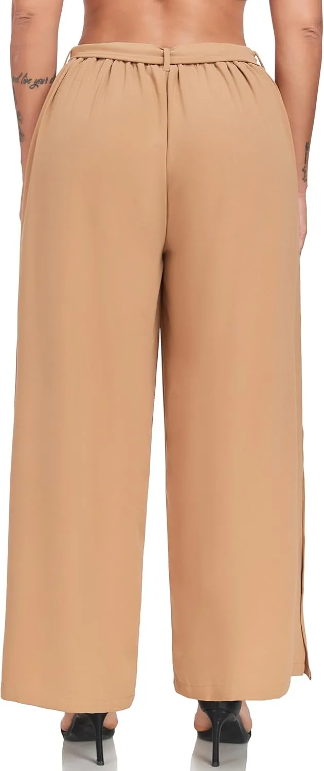 Women's Wide Leg Pants High Waist Tie Knot Front with Pockets Flowy Casual Palazzo Trousers