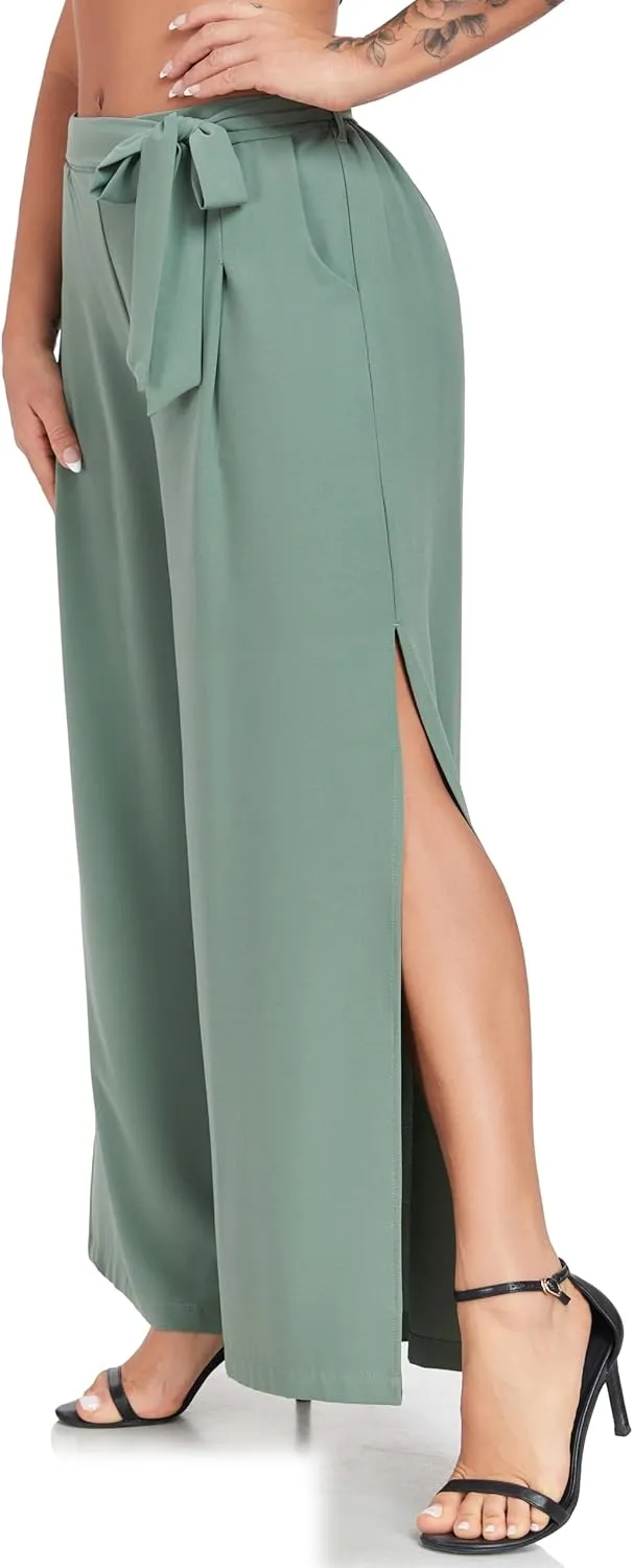 Women's Wide Leg Pants High Waist Tie Knot Front with Pockets Flowy Casual Palazzo Trousers
