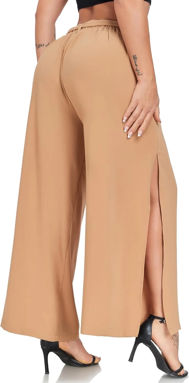 Women's Wide Leg Pants High Waist Tie Knot Front with Pockets Flowy Casual Palazzo Trousers