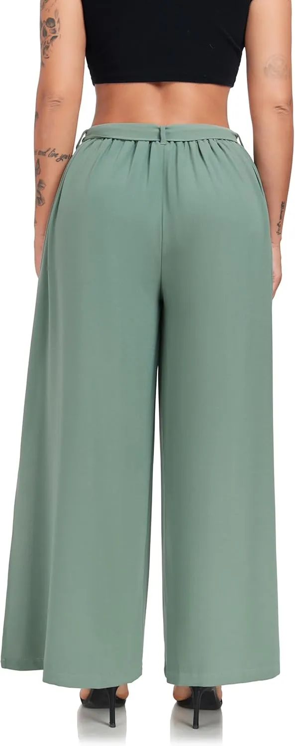 Women's Wide Leg Pants High Waist Tie Knot Front with Pockets Flowy Casual Palazzo Trousers