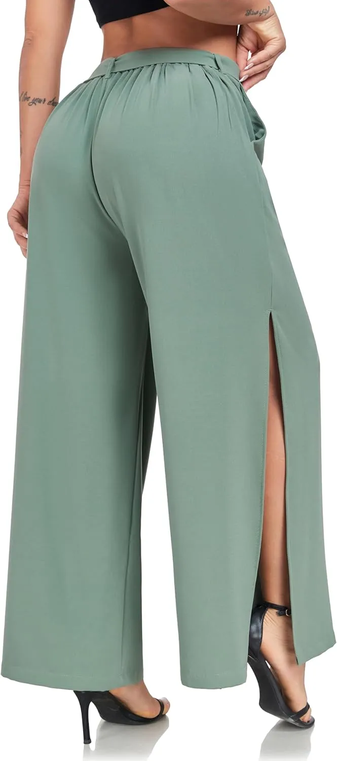 Women's Wide Leg Pants High Waist Tie Knot Front with Pockets Flowy Casual Palazzo Trousers