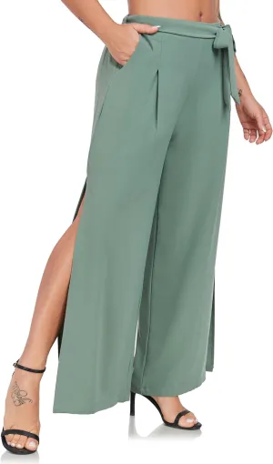 Women's Wide Leg Pants High Waist Tie Knot Front with Pockets Flowy Casual Palazzo Trousers