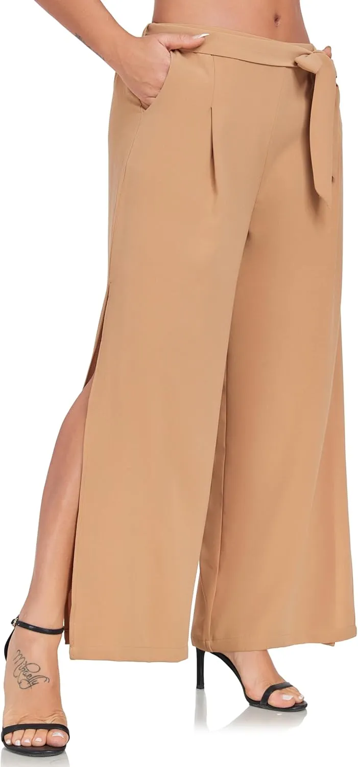 Women's Wide Leg Pants High Waist Tie Knot Front with Pockets Flowy Casual Palazzo Trousers