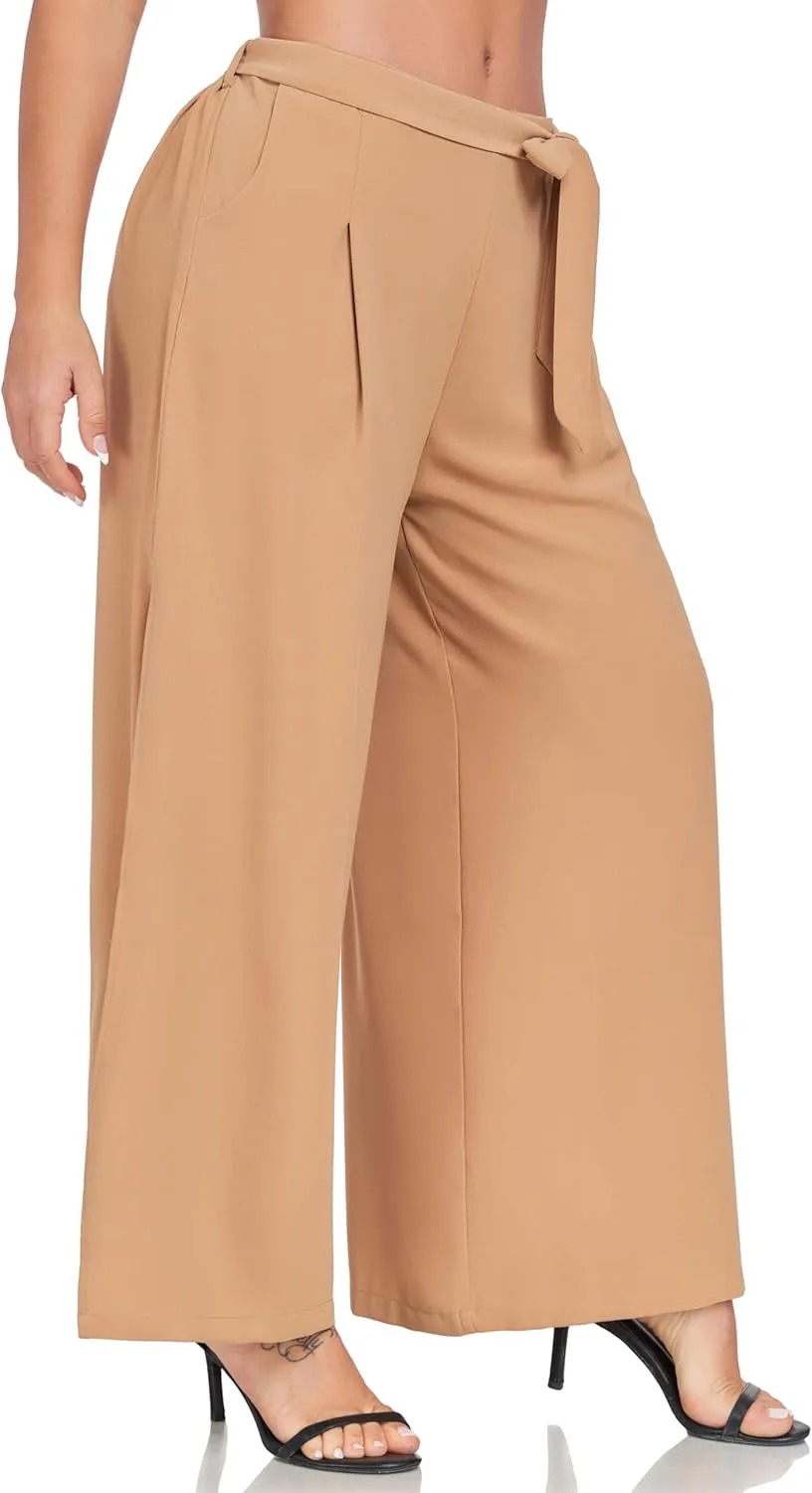 Women's Wide Leg Pants High Waist Tie Knot Front with Pockets Flowy Casual Palazzo Trousers