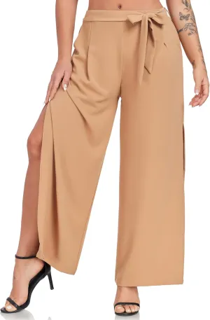Women's Wide Leg Pants High Waist Tie Knot Front with Pockets Flowy Casual Palazzo Trousers
