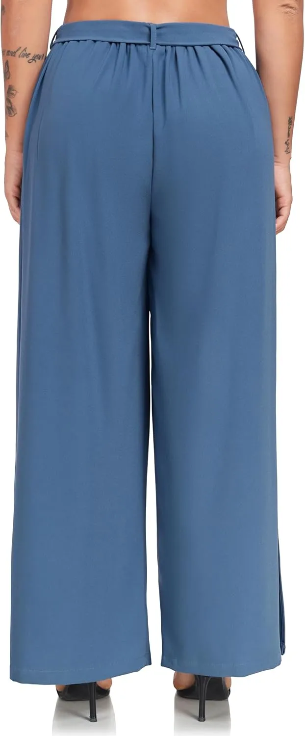 Women's Wide Leg Pants High Waist Tie Knot Front with Pockets Flowy Casual Palazzo Trousers