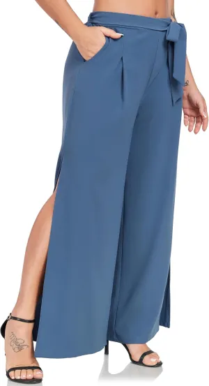 Women's Wide Leg Pants High Waist Tie Knot Front with Pockets Flowy Casual Palazzo Trousers