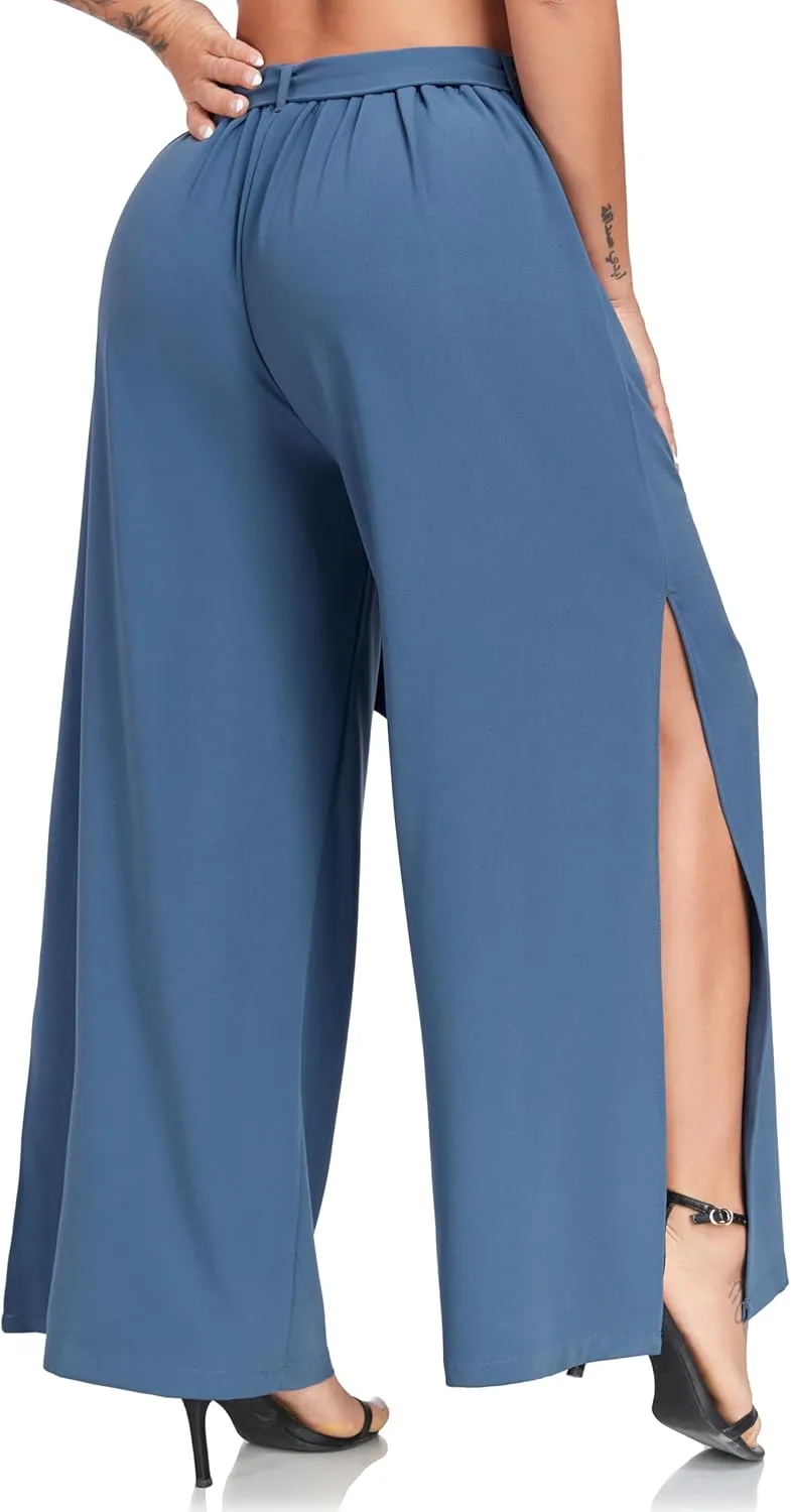 Women's Wide Leg Pants High Waist Tie Knot Front with Pockets Flowy Casual Palazzo Trousers
