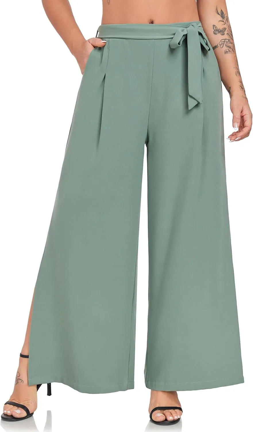 Women's Wide Leg Pants High Waist Tie Knot Front with Pockets Flowy Casual Palazzo Trousers