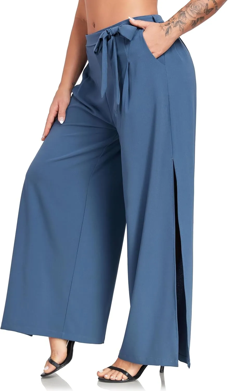 Women's Wide Leg Pants High Waist Tie Knot Front with Pockets Flowy Casual Palazzo Trousers