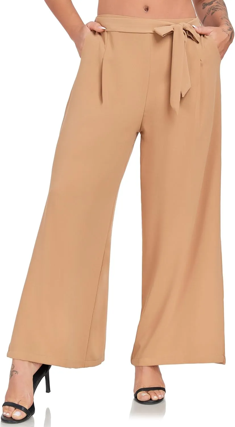 Women's Wide Leg Pants High Waist Tie Knot Front with Pockets Flowy Casual Palazzo Trousers