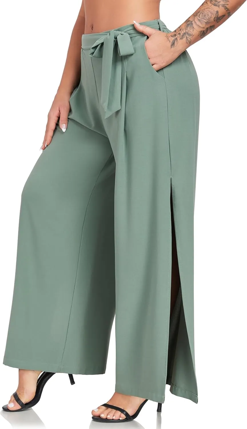 Women's Wide Leg Pants High Waist Tie Knot Front with Pockets Flowy Casual Palazzo Trousers
