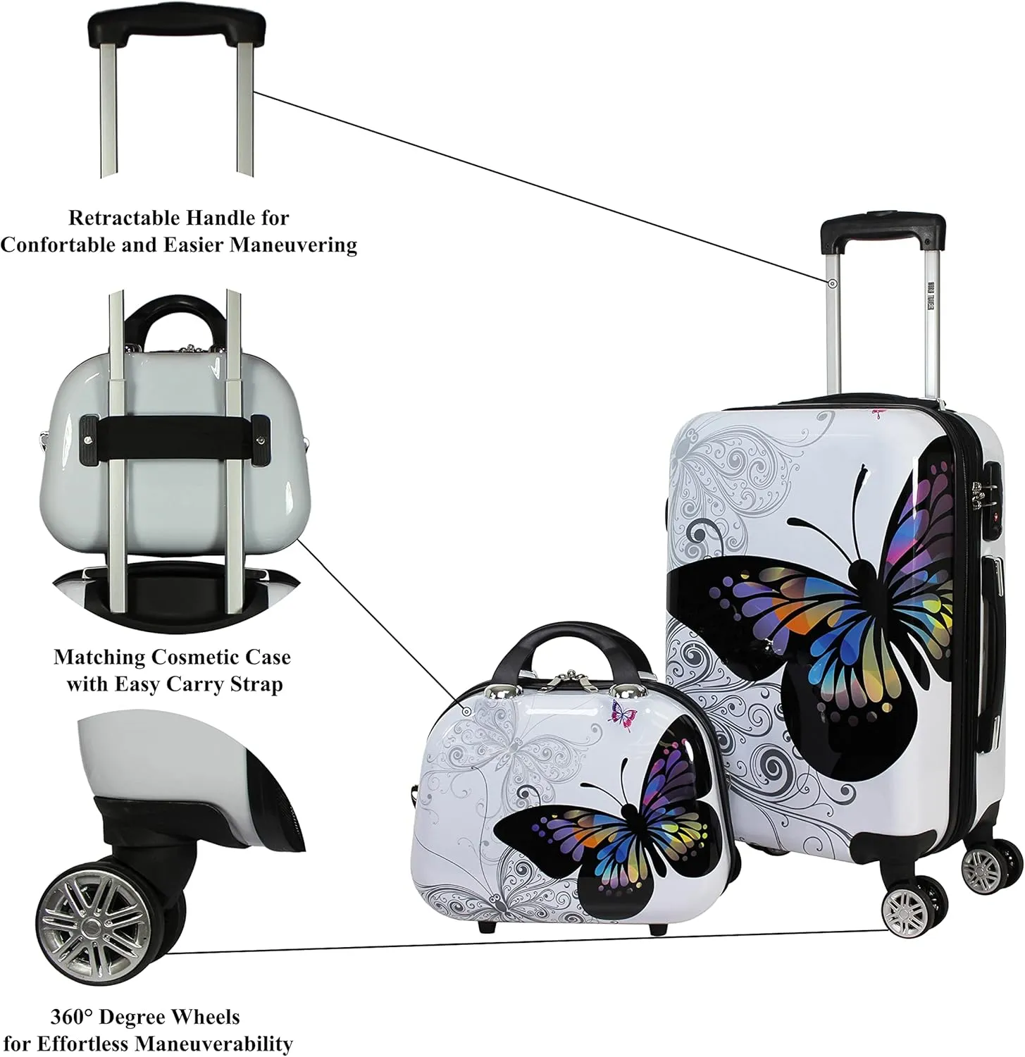 World Traveler VentureX Airline Approved Luggage  Lightweight Hardside Suitcase with Spinner Wheels, Butterfly, 2-Piece Carry-On Set