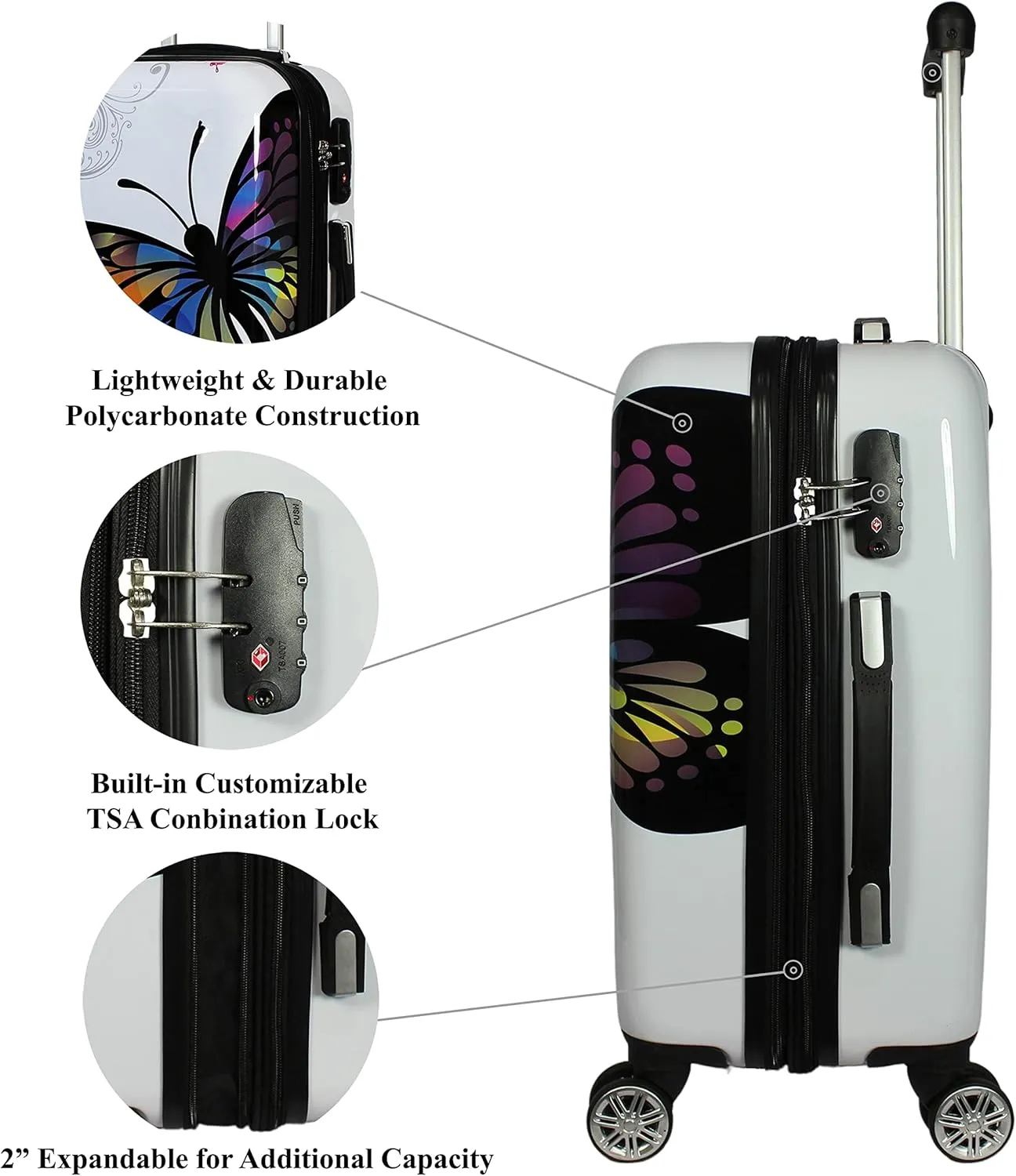 World Traveler VentureX Airline Approved Luggage  Lightweight Hardside Suitcase with Spinner Wheels, Butterfly, 2-Piece Carry-On Set