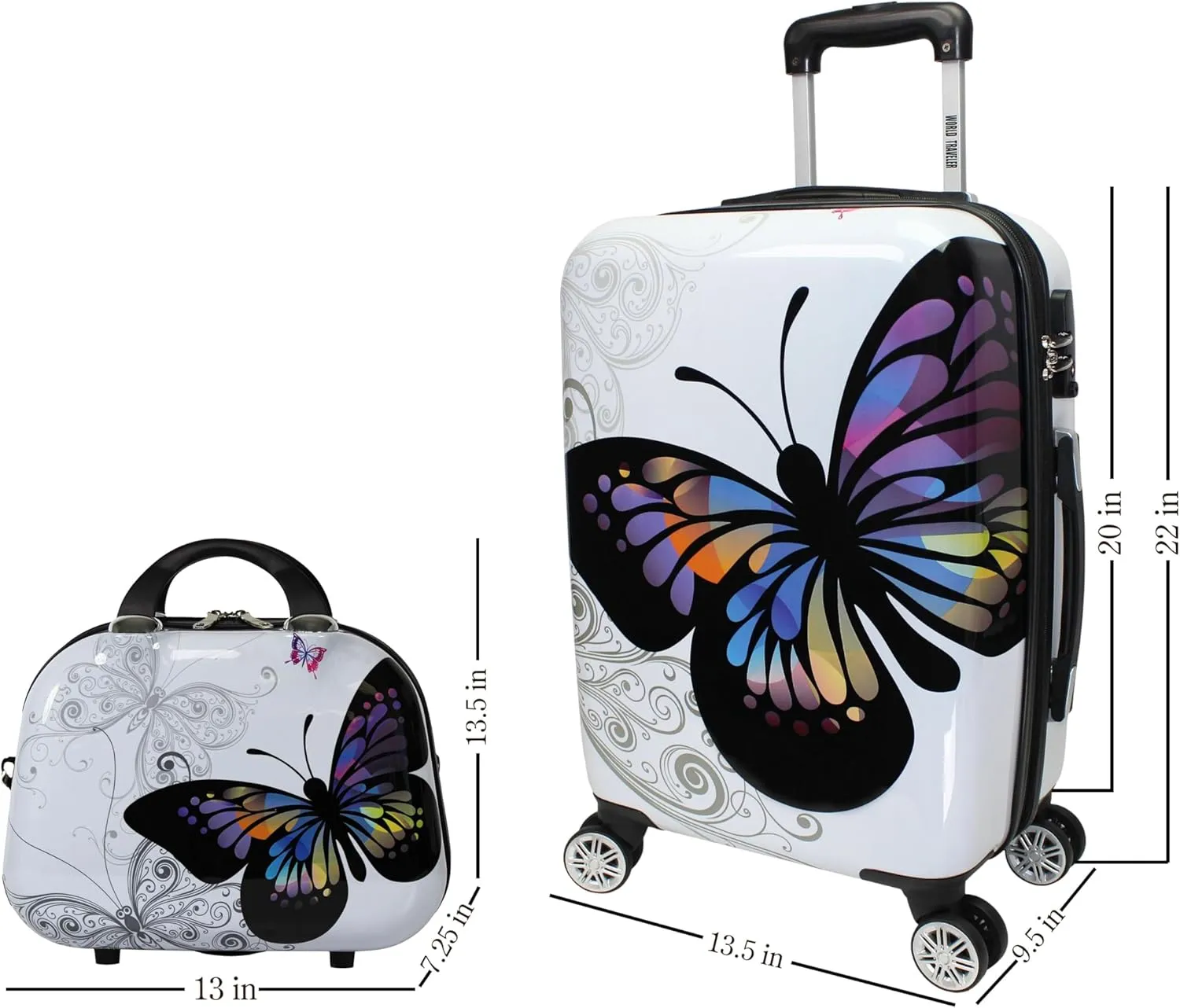 World Traveler VentureX Airline Approved Luggage  Lightweight Hardside Suitcase with Spinner Wheels, Butterfly, 2-Piece Carry-On Set